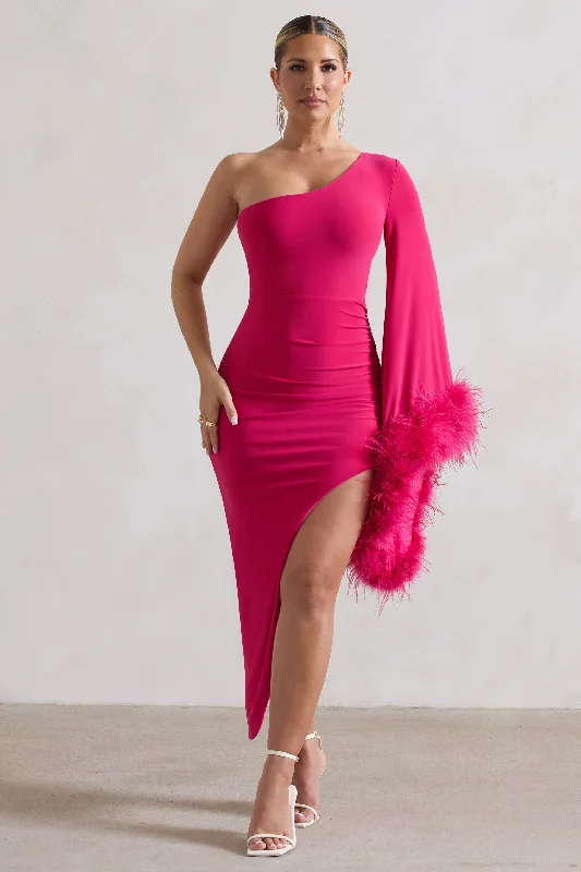 July | Dark Pink Asymmetric One Shoulder Cape Midi Dress With Feathers