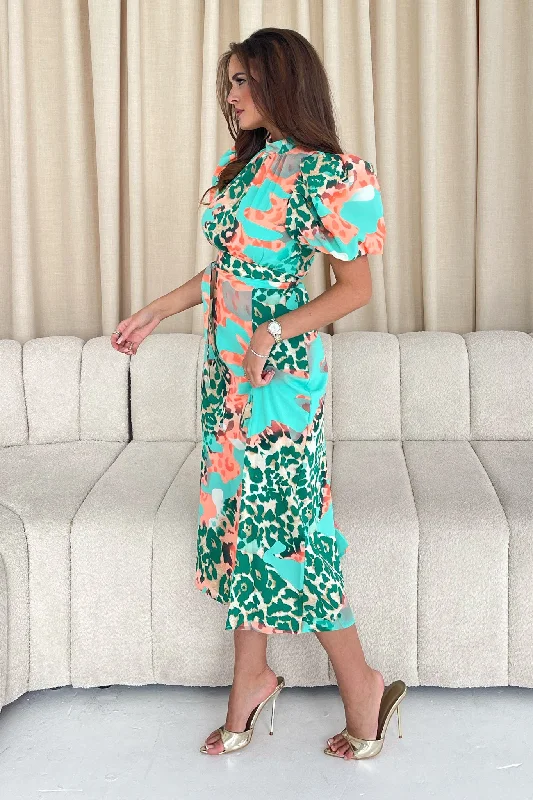 Lilith Puff Sleeve High Neck Midi Dress Green