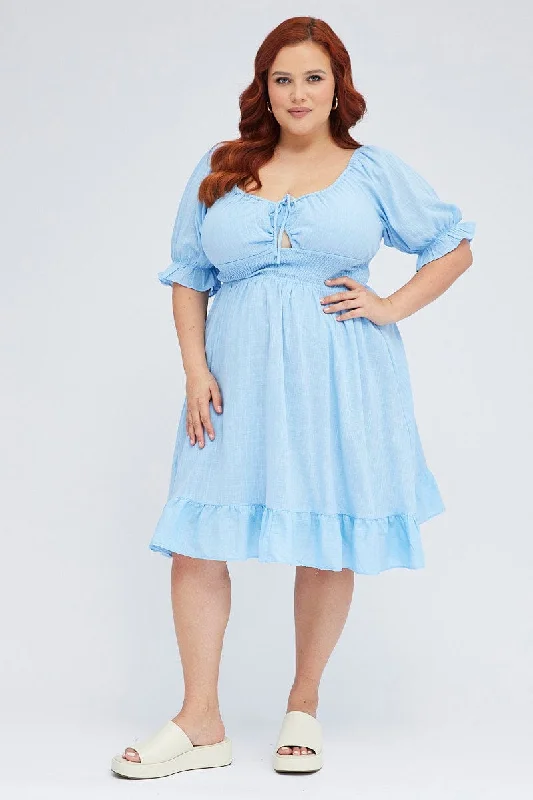 Mid Blue Short Puff Sleeve Peephole Blue Skater Dress