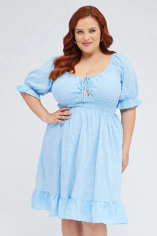 Mid Blue Short Puff Sleeve Peephole Blue Skater Dress