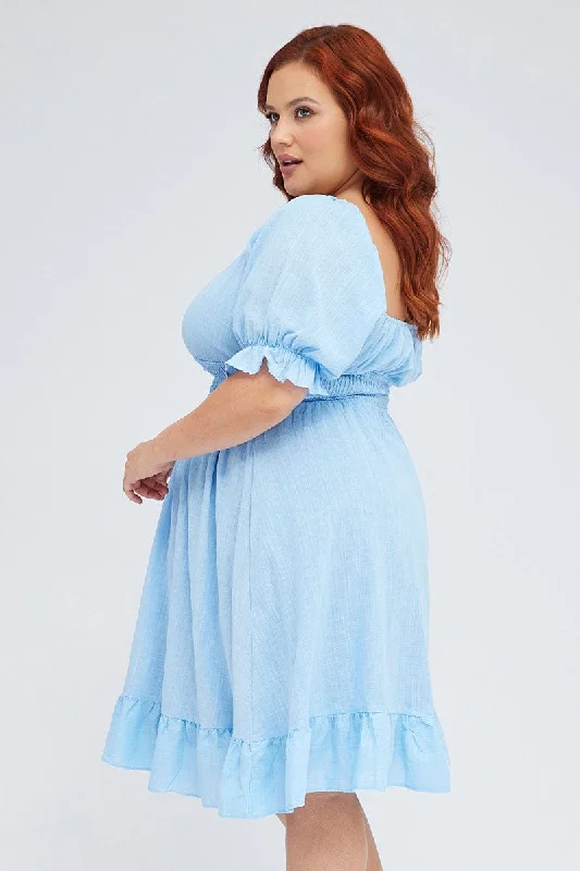 Mid Blue Short Puff Sleeve Peephole Blue Skater Dress