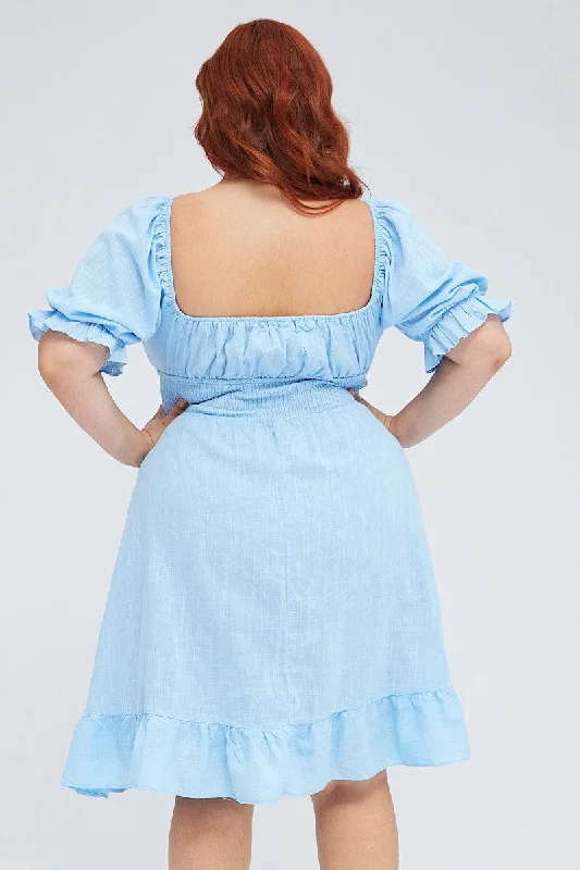 Mid Blue Short Puff Sleeve Peephole Blue Skater Dress