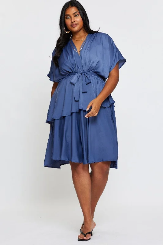 Mid Blue Skater Dress V-neck Batwing Sleeve Tie