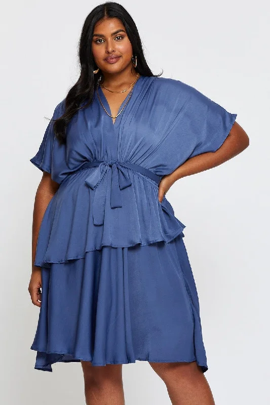 Mid Blue Skater Dress V-neck Batwing Sleeve Tie