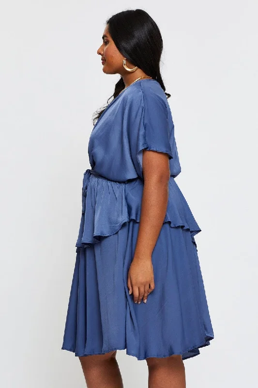 Mid Blue Skater Dress V-neck Batwing Sleeve Tie