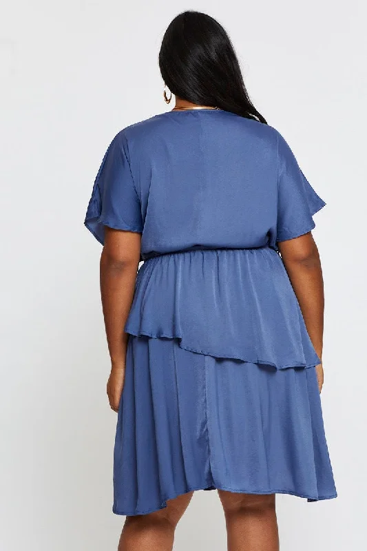 Mid Blue Skater Dress V-neck Batwing Sleeve Tie