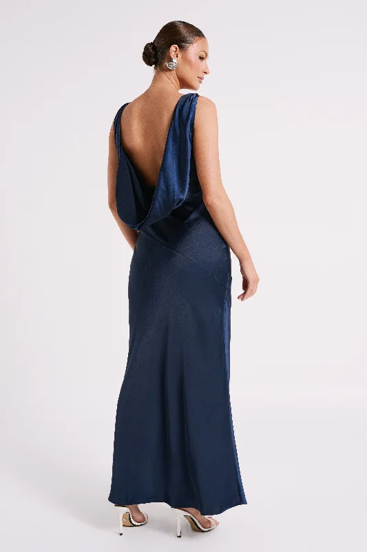 Nadia Maxi Satin Dress With Back Cowl - Navy