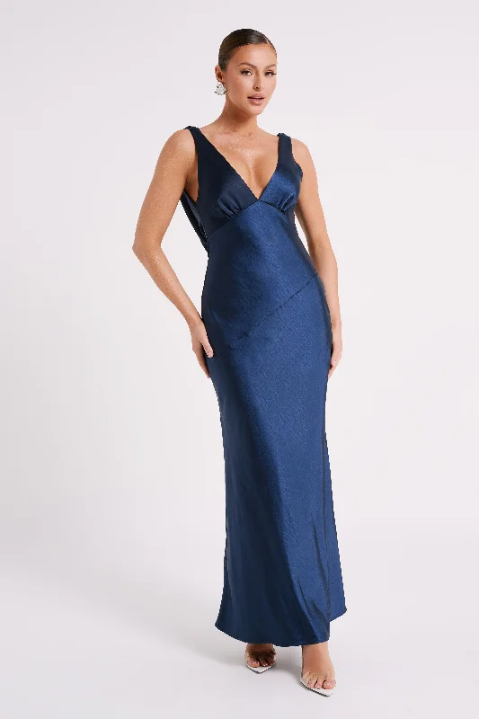 Nadia Maxi Satin Dress With Back Cowl - Navy