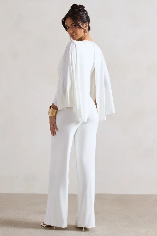 Nori | White Plunge-Neck Straight-Leg Cape Jumpsuit