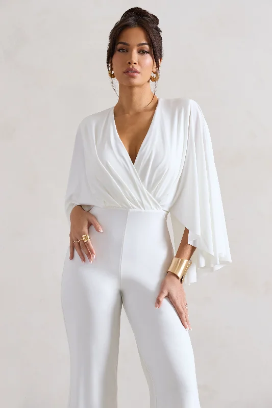 Nori | White Plunge-Neck Straight-Leg Cape Jumpsuit