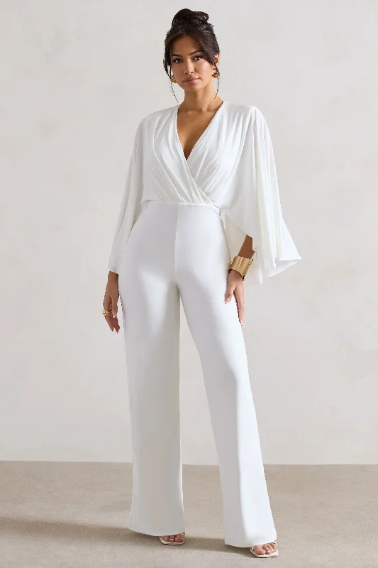 Nori | White Plunge-Neck Straight-Leg Cape Jumpsuit