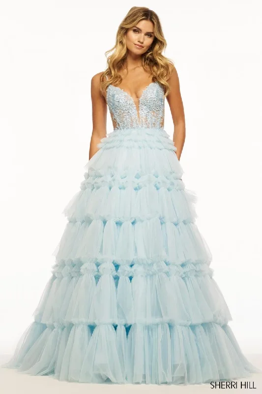 Sherri Hill Ruffle Tulle and Lace Ball Gown Prom Dress 56102