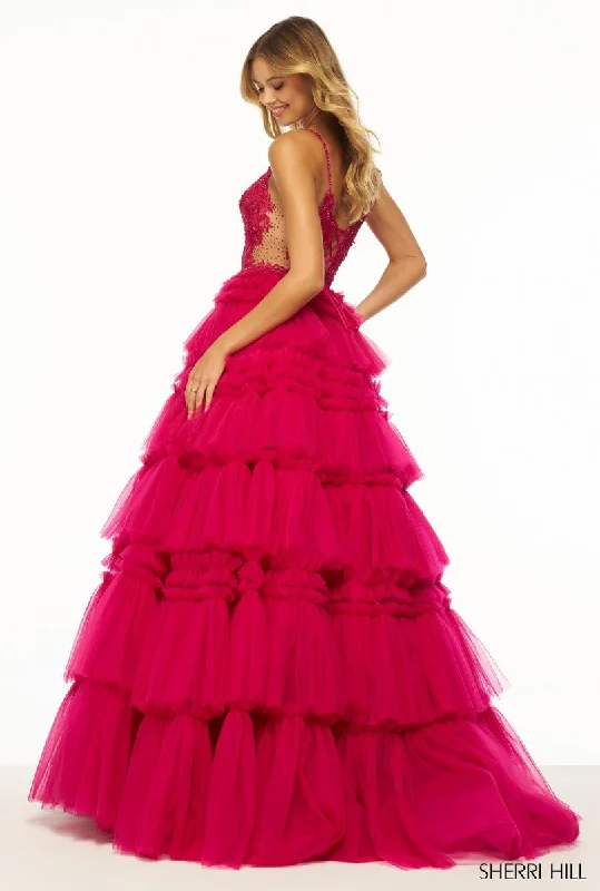 Sherri Hill Ruffle Tulle and Lace Ball Gown Prom Dress 56102