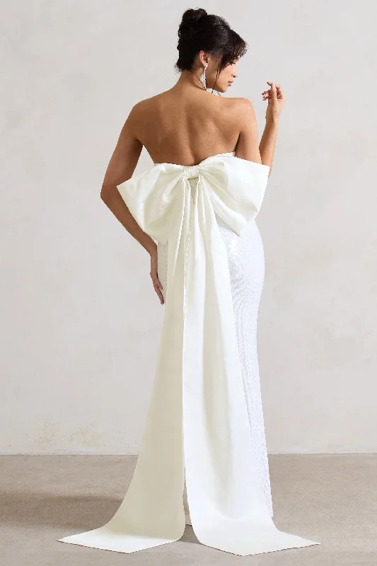 To You | White Sequin Bandeau Split Maxi Dress With Oversized Bow