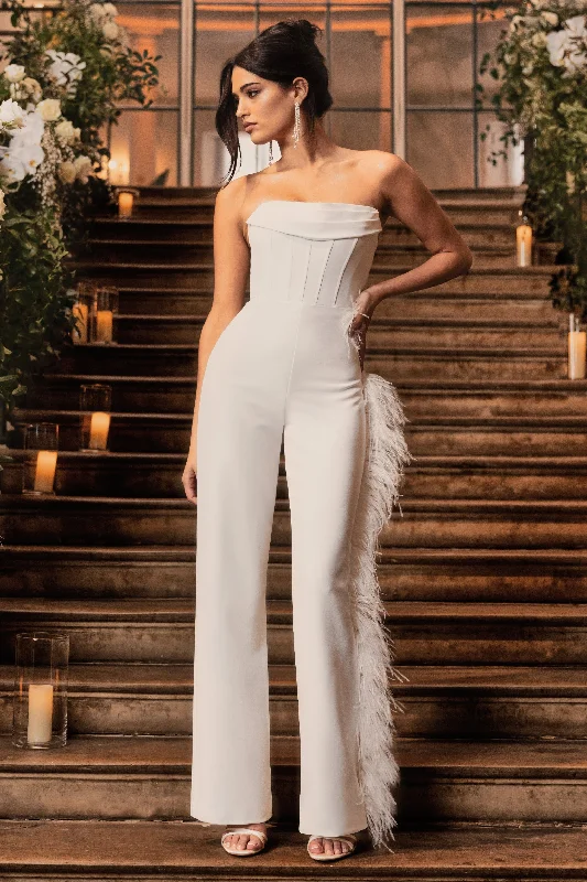 Topic Of Talk | White Strapless Bandeau Wide-Leg Jumpsuit With Feather Trim