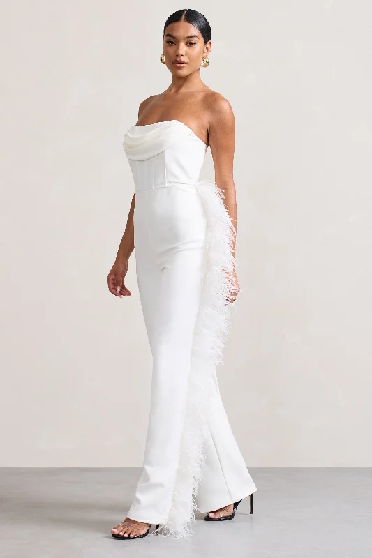 Topic Of Talk | White Strapless Bandeau Wide-Leg Jumpsuit With Feather Trim