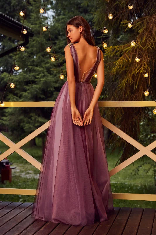 V-Neck Long Prom Dress with Embroidery