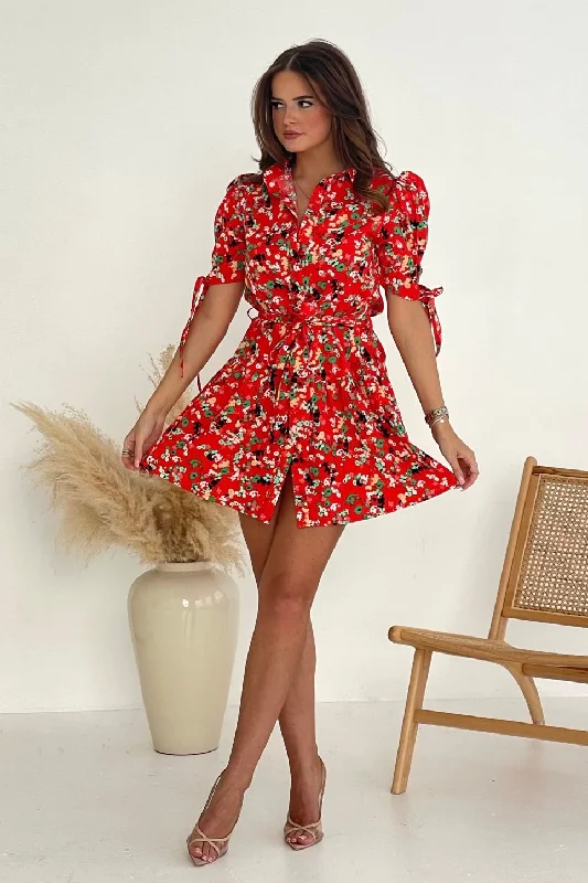 Victoria Red Ditsy Mini Shirt Dress