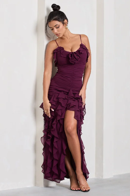 Walks Alone | Plum Ruched Strappy Split Maxi Dress With Ruffles