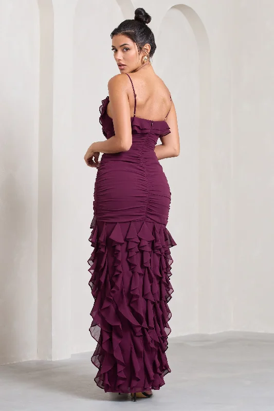 Walks Alone | Plum Ruched Strappy Split Maxi Dress With Ruffles