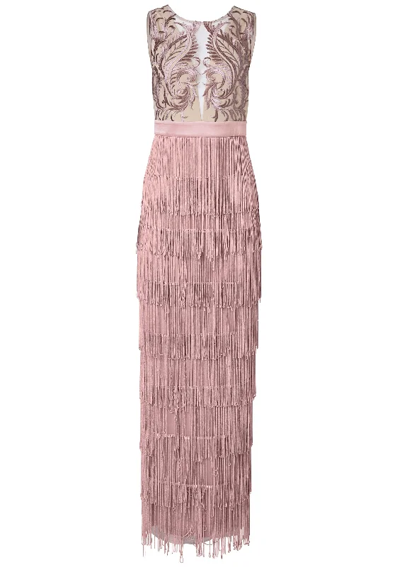 Embroidered fringe long dress - Tan