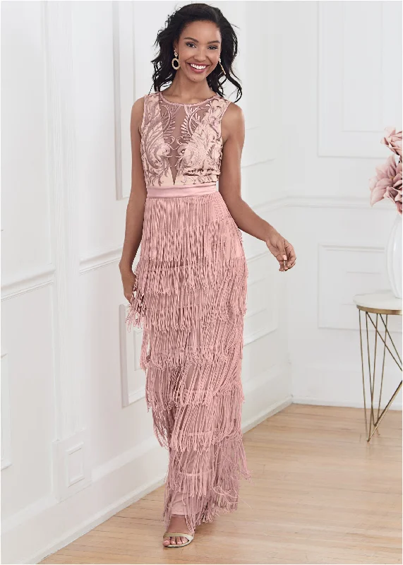 Embroidered fringe long dress - Tan