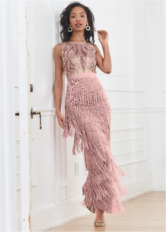 Embroidered fringe long dress - Tan