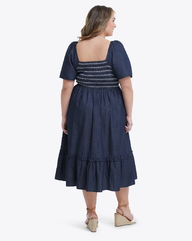 Deana Smocked Dress in Dark Wash