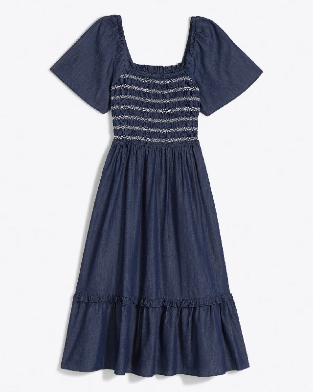 Deana Smocked Dress in Dark Wash