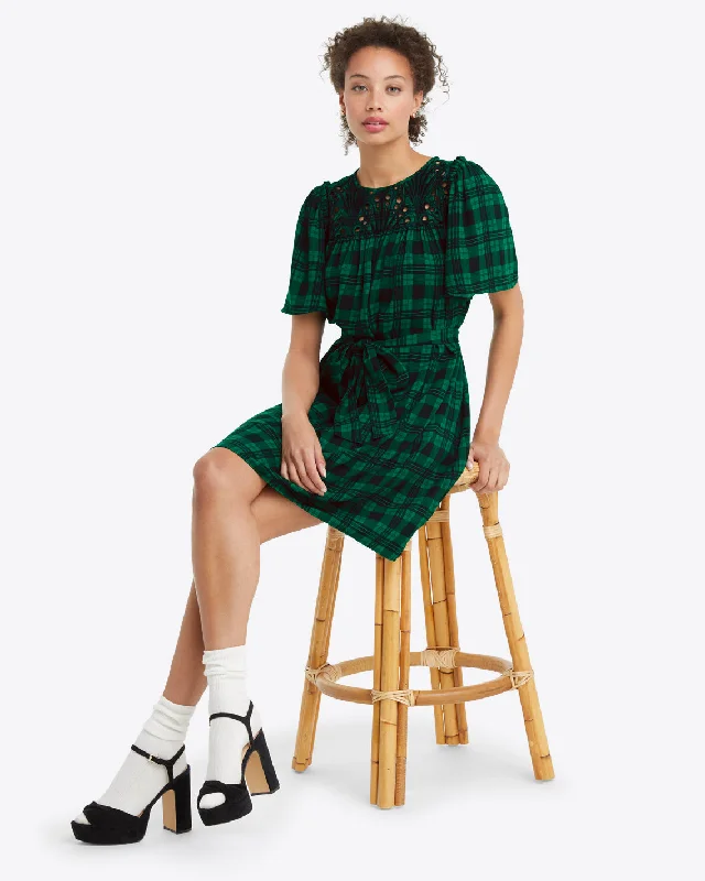 Flutter Sleeve Shift Dress in Blackwatch Plaid