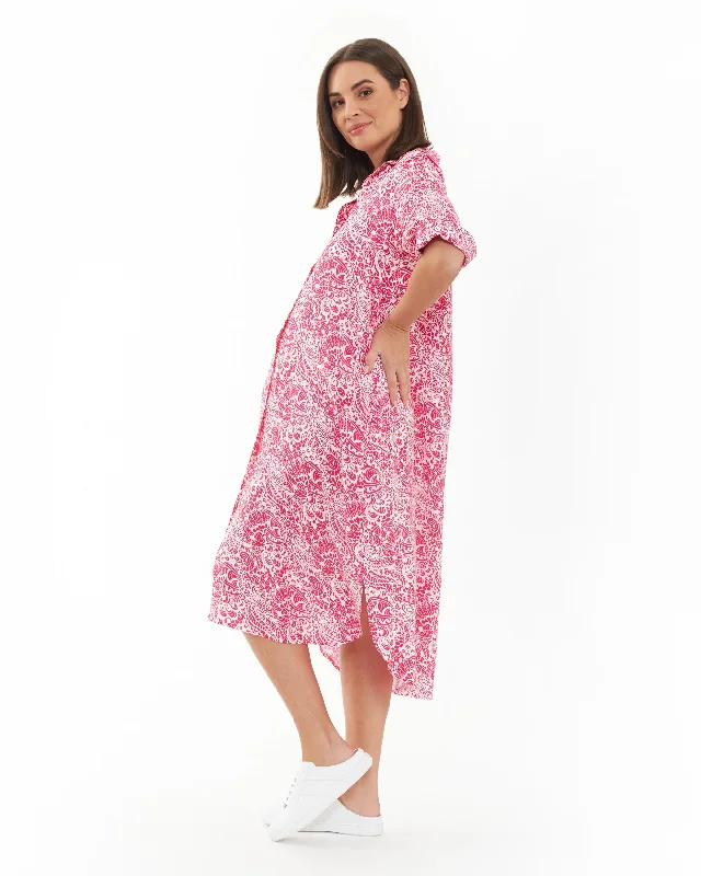 Janis Shirt Dress  Hot Pink / White