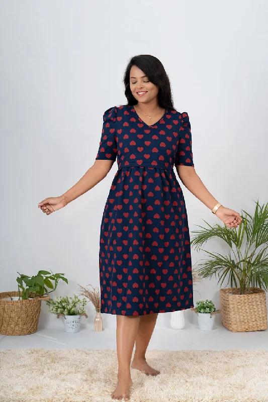 Midi Navy Heartly Dress Thick cotton  dress winter