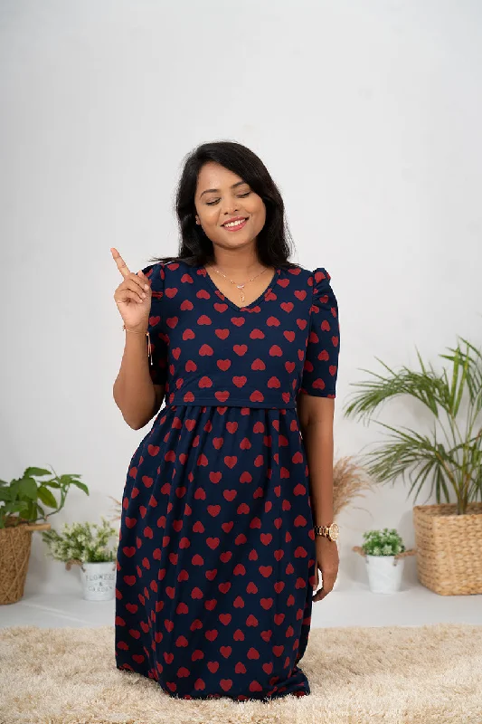 Midi Navy Heartly Dress Thick cotton  dress winter