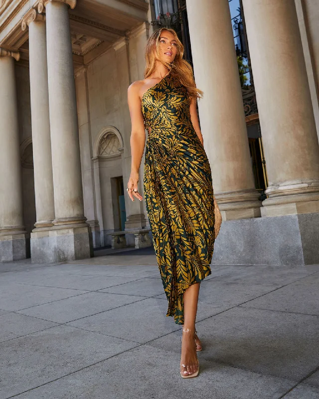 Modern Day Glam Printed One Shoulder Asymmetrical Maxi Dress