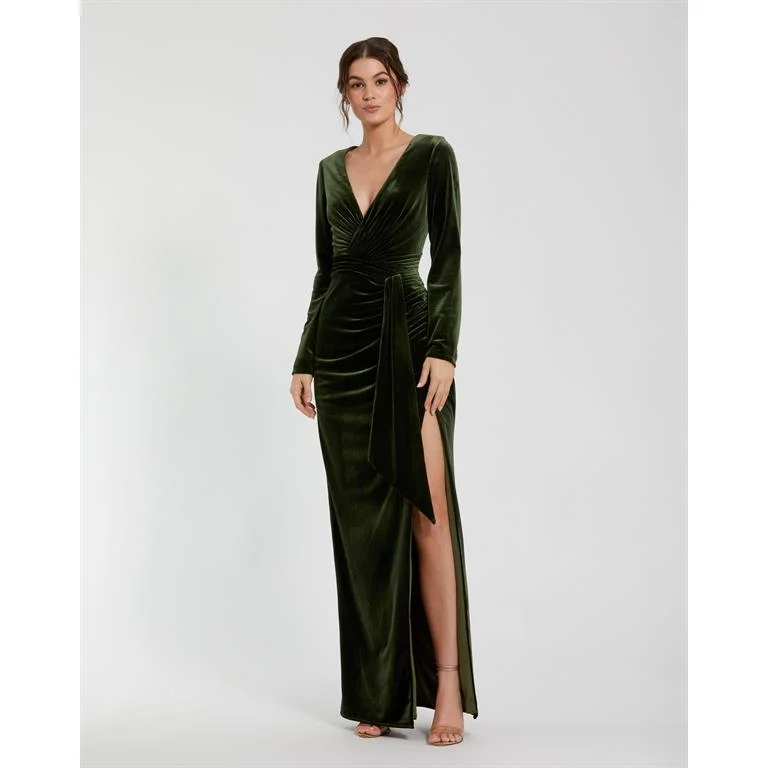 Long Sleeve Deep V Draped Velvet Gown