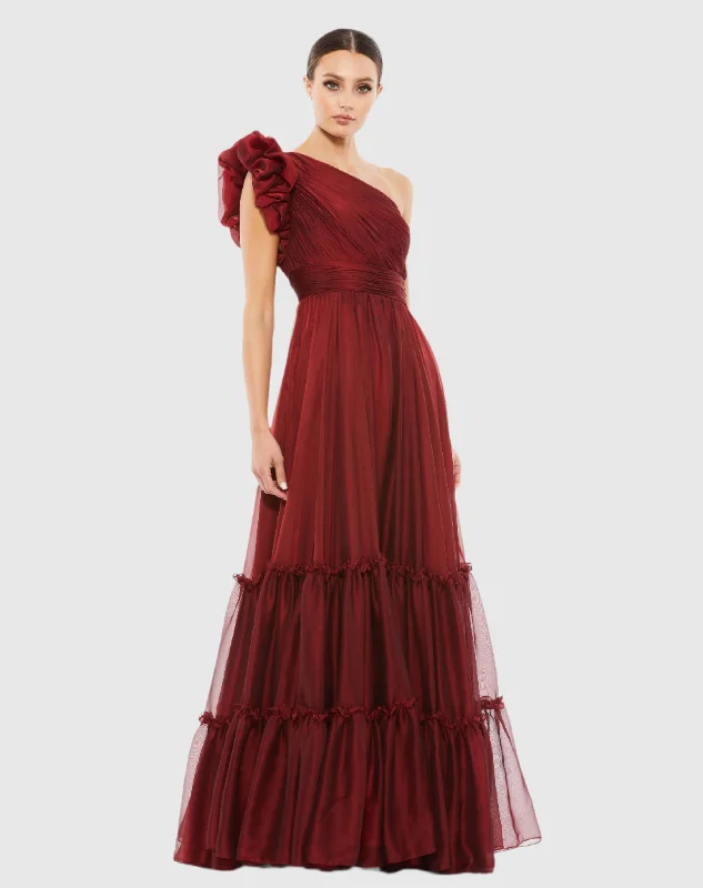 Organza One-Shoulder Pleated Gown