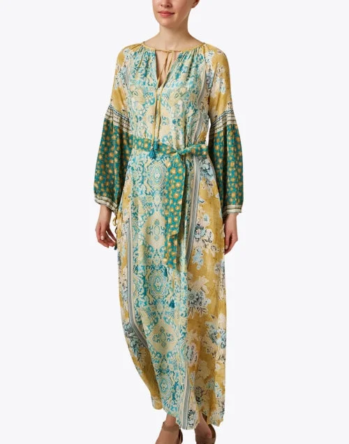 Avni Gold and Blue Print Silk Dress