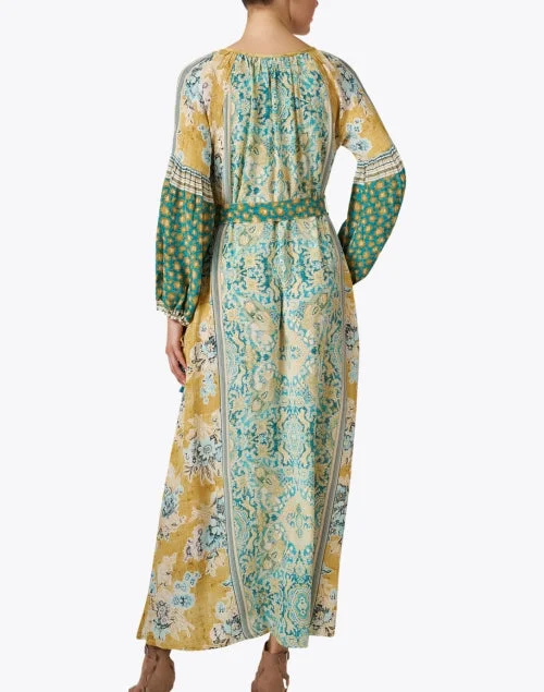 Avni Gold and Blue Print Silk Dress