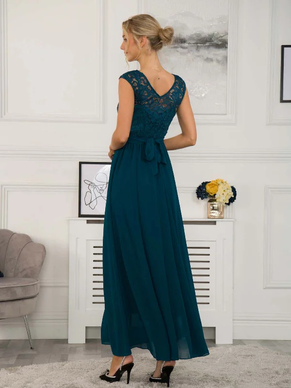 Lace Bodice Chiffon Maxi Bridesmaid Dress, Dark Teal