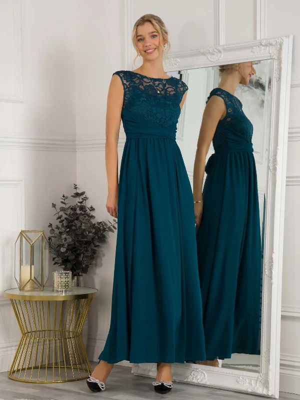 Lace Bodice Chiffon Maxi Bridesmaid Dress, Dark Teal