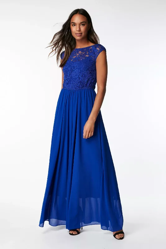 Lace Bodice Chiffon Maxi Bridesmaid Dress, Royal Blue