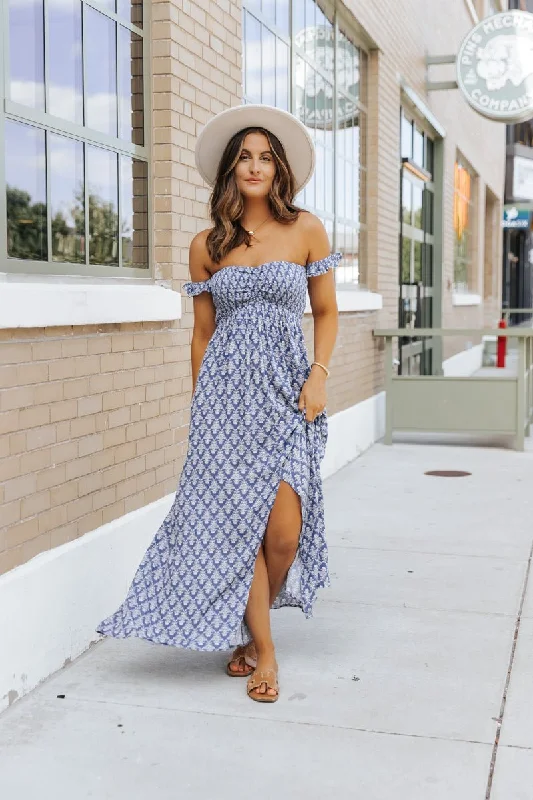 Navy Print Off The Shoulder Maxi Dress - FINAL SALE