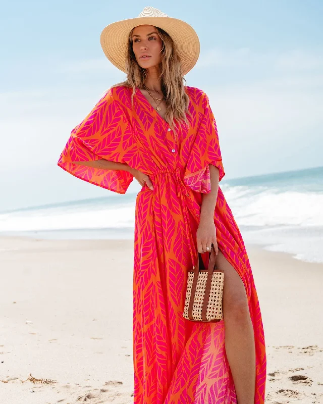 Orange Leaf Print Buttoned Maxi Dress - FINAL SALE