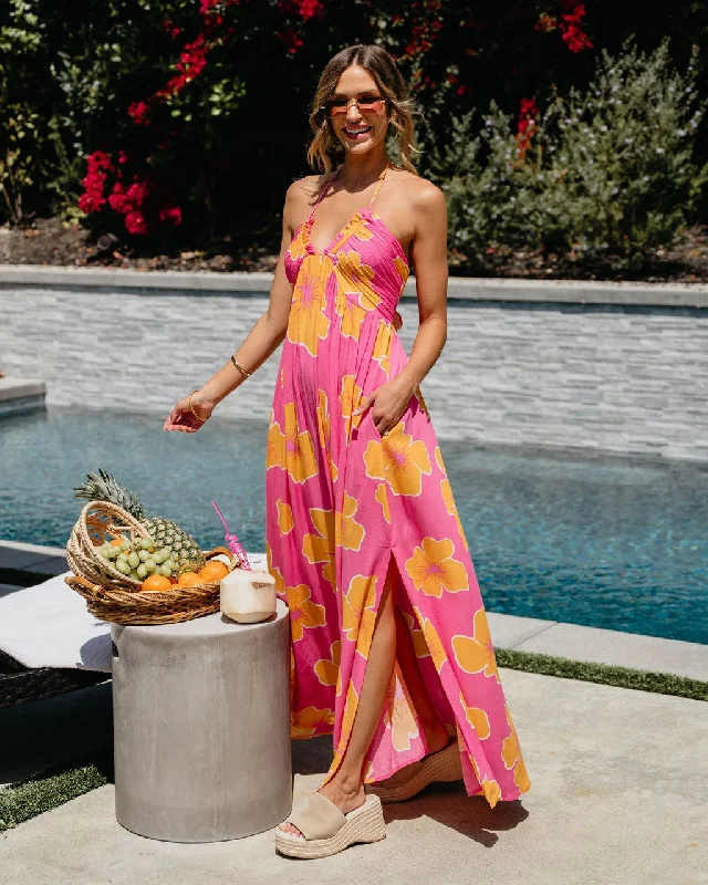 Pink Floral Print Crepe Halter Maxi Dress - FINAL SALE