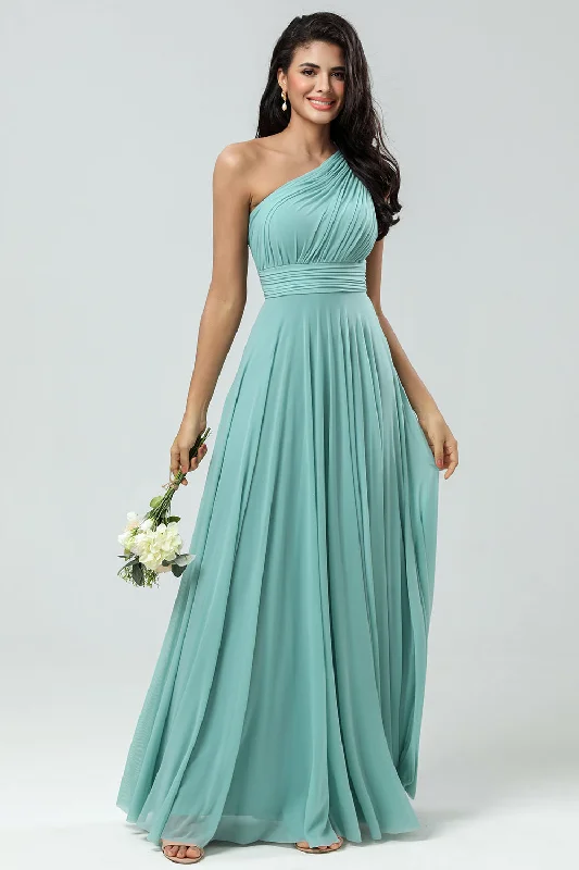 A-Line One Shoulder Sea Glass Bridesmaid Dress