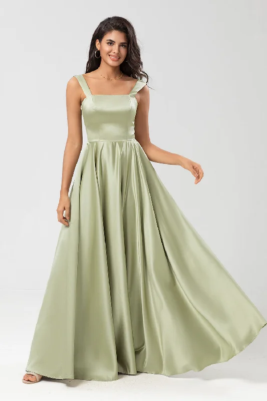 A-Line Satin Dusty Sage Bridesmaid Dress