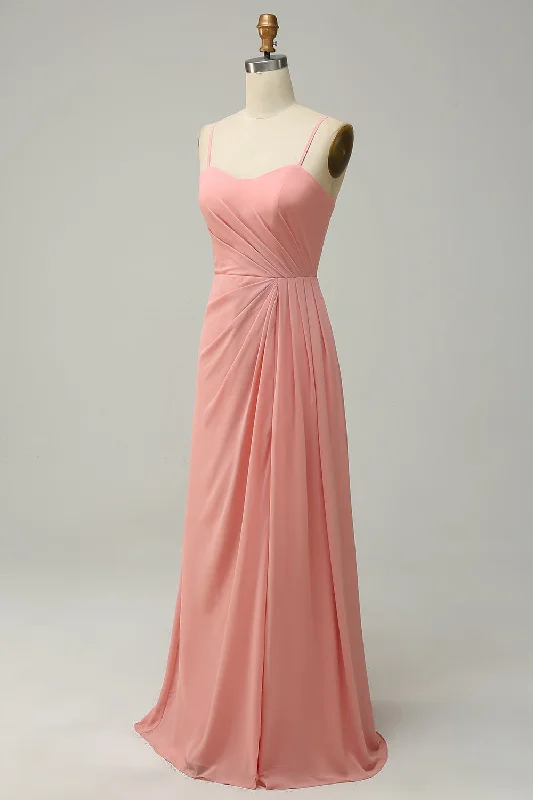 A Line Spaghetti Straps Blush Long Bridesmaid Dress