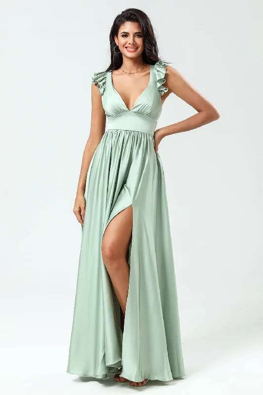 A-Line V-Neck Matcha Bridesmaid Dress with Ruffles