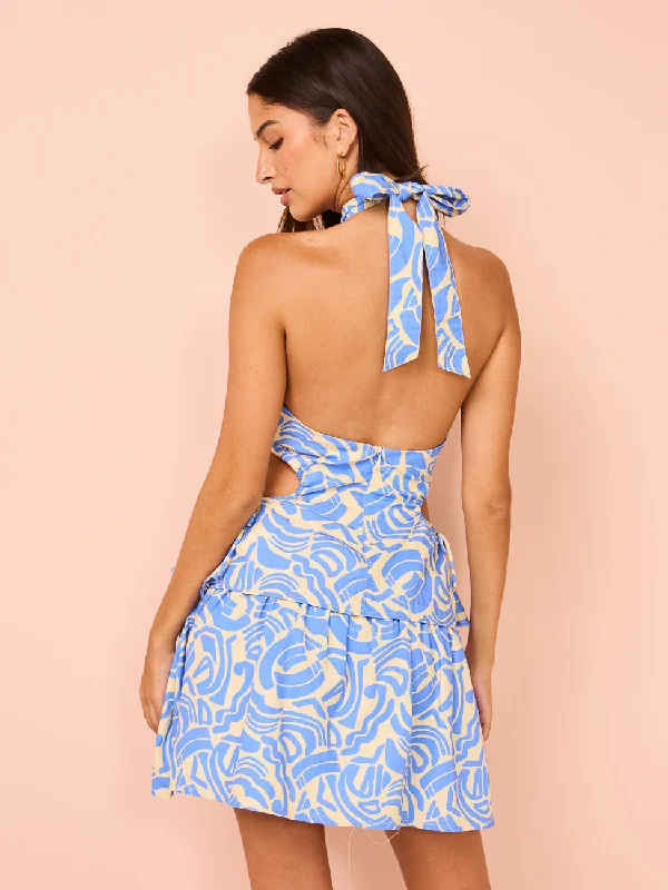 Ambra Maddalena Aurora Halter Neck Mini Dress in Blue Swirl