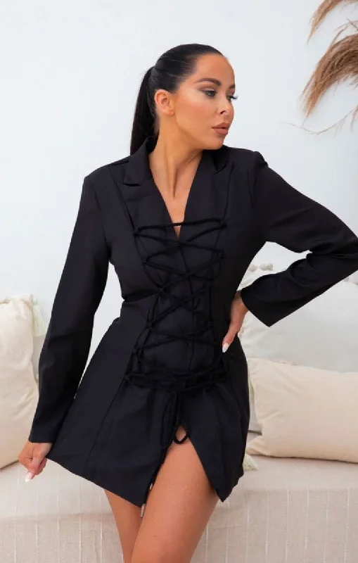 Black Criss Cross Tie Front Mini Blazer Dress - Alisa